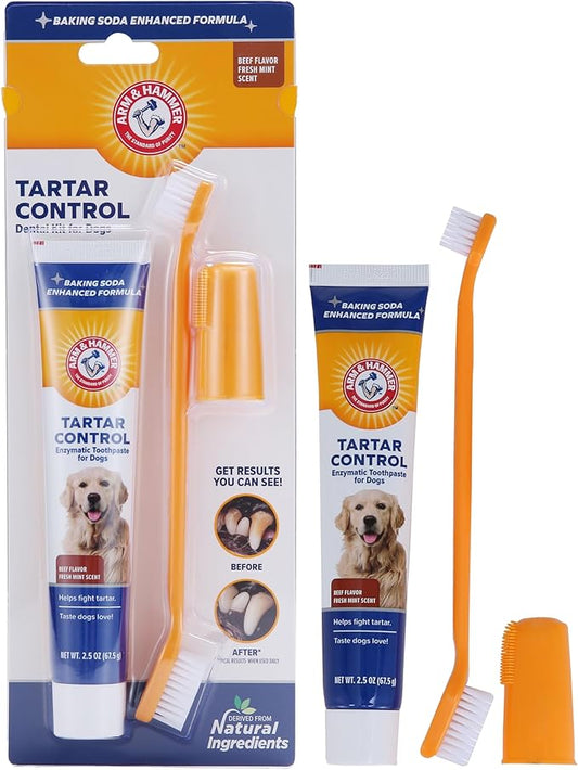 Dog Tartar Control Kit – Includes Toothpaste, Toothbrush & Fingerbrush, Reduces Plaque & Tartar, Safe for Dogs