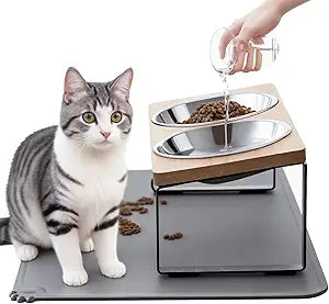 Elevated Cat Bowls with Food Mat – 15° Tilted Anti-Vomiting Raised Cat Dishes with 2 Stainless Steel Bowls for Food and Water
