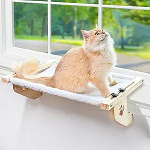 Cat Window Perch Hammock – Sturdy Adjustable Window Seat with Cushion, Wood and Metal Frame for Large Cats