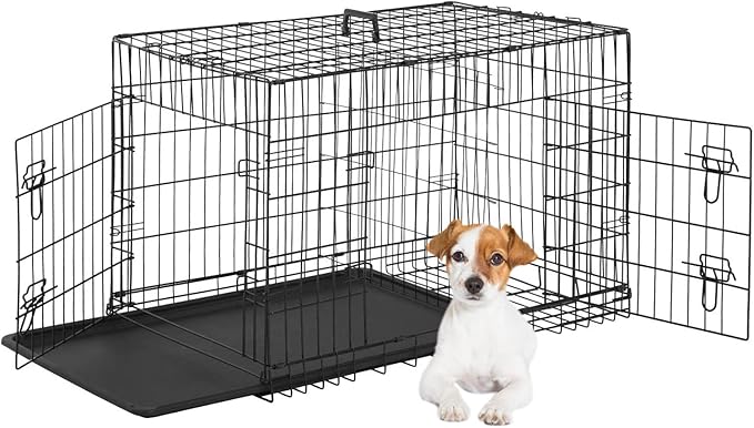 Dog Crate for Small Dogs – 24-Inch Folding Metal Wire Cage with Double Door, Divider Panel, Indoor/Outdoor Kennel, Leak-Proof Plastic Tray