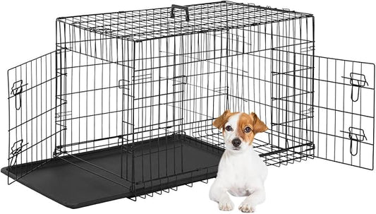 Dog Crate for Small Dogs – 24-Inch Folding Metal Wire Cage with Double Door, Divider Panel, Indoor/Outdoor Kennel, Leak-Proof Plastic Tray