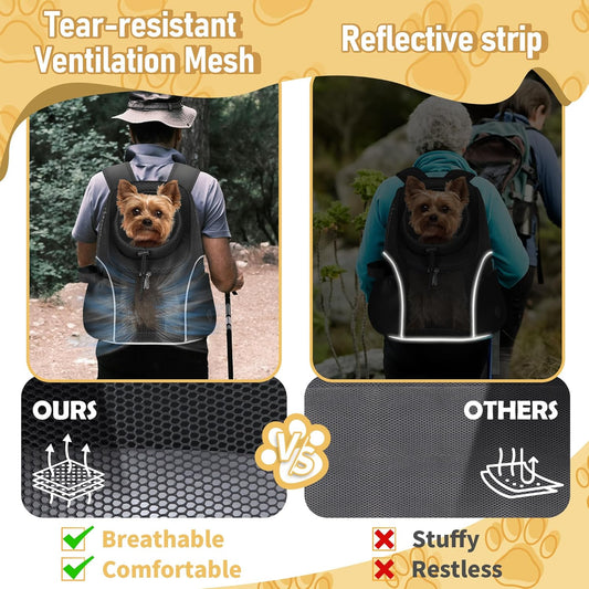Pet Dog Carrier Backpack Small Dog Front Backpack Ventilated Mesh Dog Travel Back Pack with Safety Belt for Travel Hiking Cycling Outdoor Adventures (Size M: 5-9 lbs, Black)