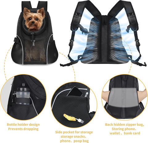 Pet Dog Carrier Backpack Small Dog Front Backpack Ventilated Mesh Dog Travel Back Pack with Safety Belt for Travel Hiking Cycling Outdoor Adventures (Size M: 5-9 lbs, Black)