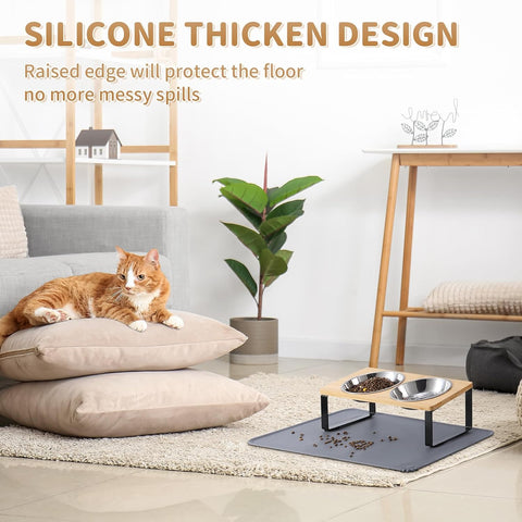 Elevated Cat Bowls with Food Mat – 15° Tilted Anti-Vomiting Raised Cat Dishes with 2 Stainless Steel Bowls for Food and Water