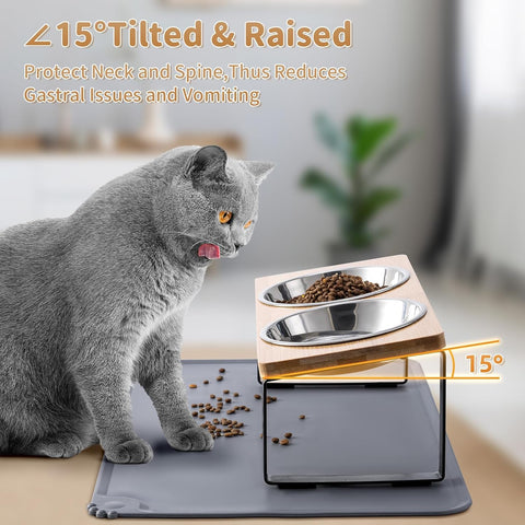 Elevated Cat Bowls with Food Mat – 15° Tilted Anti-Vomiting Raised Cat Dishes with 2 Stainless Steel Bowls for Food and Water