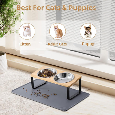 Elevated Cat Bowls with Food Mat – 15° Tilted Anti-Vomiting Raised Cat Dishes with 2 Stainless Steel Bowls for Food and Water