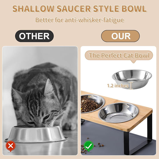Elevated Cat Bowls with Food Mat – 15° Tilted Anti-Vomiting Raised Cat Dishes with 2 Stainless Steel Bowls for Food and Water
