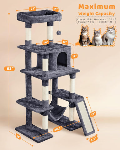 Large Multi-Level Cat Tree – 63-Inch Tall Tower with Sisal Scratching Posts, Condo, Hammock, Dangling Ball, and Platforms