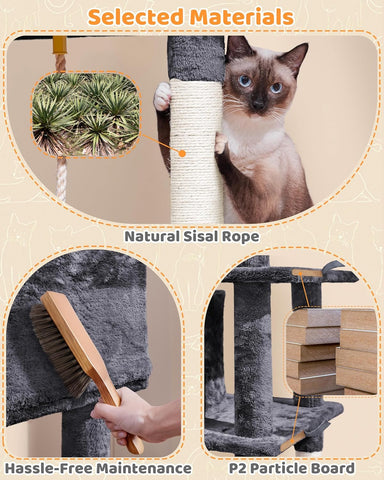 Large Multi-Level Cat Tree – 63-Inch Tall Tower with Sisal Scratching Posts, Condo, Hammock, Dangling Ball, and Platforms