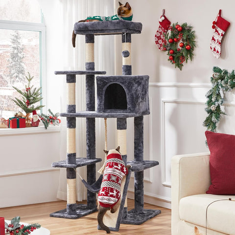 Large Multi-Level Cat Tree – 63-Inch Tall Tower with Sisal Scratching Posts, Condo, Hammock, Dangling Ball, and Platforms