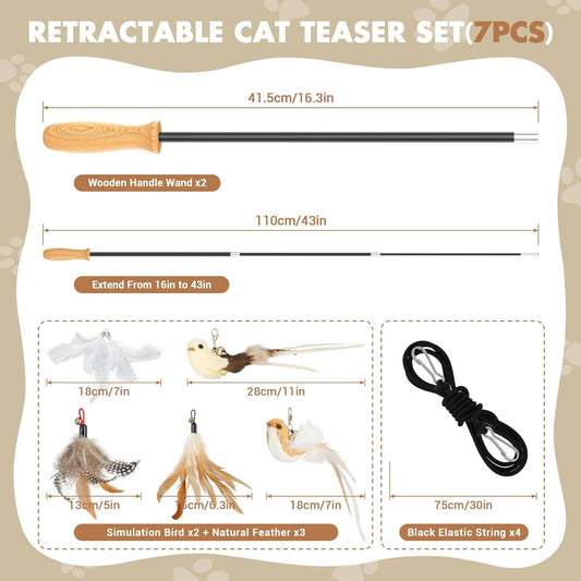 Cat Teaser Wand Toys, Interactive Bird Toys for Indoor Kittens, 42.15’’ Long Cat Fishing Pole Toys, 2Pcs Wires and 5Pcs Natural Refills, Sustainable Wooden Handles, Exercising, Playing