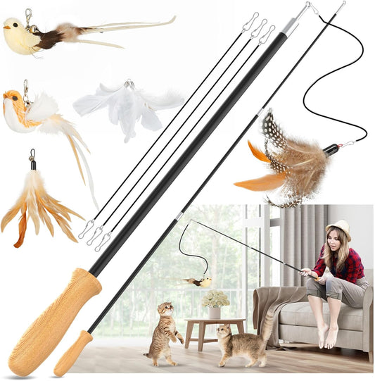 Cat Teaser Wand Toys, Interactive Bird Toys for Indoor Kittens, 42.15’’ Long Cat Fishing Pole Toys, 2Pcs Wires and 5Pcs Natural Refills, Sustainable Wooden Handles, Exercising, Playing