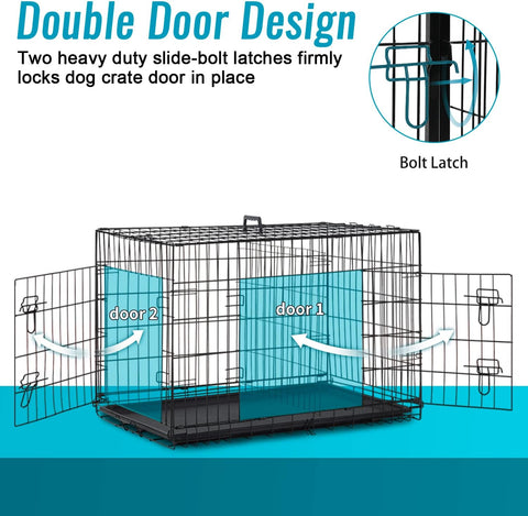 Dog Crate for Small Dogs – 24-Inch Folding Metal Wire Cage with Double Door, Divider Panel, Indoor/Outdoor Kennel, Leak-Proof Plastic Tray