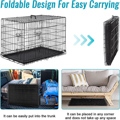 Dog Crate for Small Dogs – 24-Inch Folding Metal Wire Cage with Double Door, Divider Panel, Indoor/Outdoor Kennel, Leak-Proof Plastic Tray