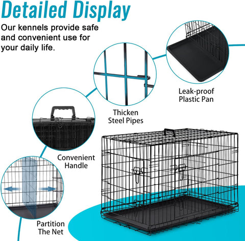 Dog Crate for Small Dogs – 24-Inch Folding Metal Wire Cage with Double Door, Divider Panel, Indoor/Outdoor Kennel, Leak-Proof Plastic Tray