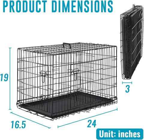 Dog Crate for Small Dogs – 24-Inch Folding Metal Wire Cage with Double Door, Divider Panel, Indoor/Outdoor Kennel, Leak-Proof Plastic Tray