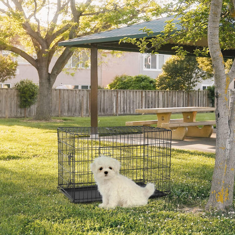 Dog Crate for Small Dogs – 24-Inch Folding Metal Wire Cage with Double Door, Divider Panel, Indoor/Outdoor Kennel, Leak-Proof Plastic Tray