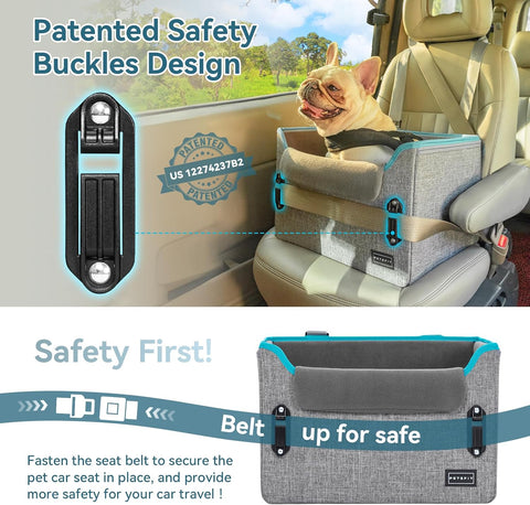 PETSFIT Dog Car Seats for Small Dogs, Patent Safe Buckles Dog Booster Car Seat, Cat Cars Seat with Safety Belt, Suitable for Small Pets Up to 25lbs (Grey)