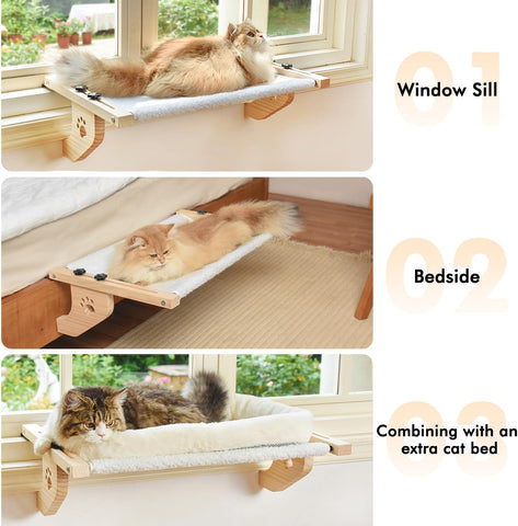 Cat Window Perch Hammock – Sturdy Adjustable Window Seat with Cushion, Wood and Metal Frame for Large Cats