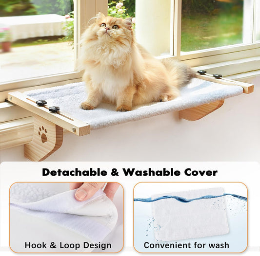 Cat Window Perch Hammock – Sturdy Adjustable Window Seat with Cushion, Wood and Metal Frame for Large Cats