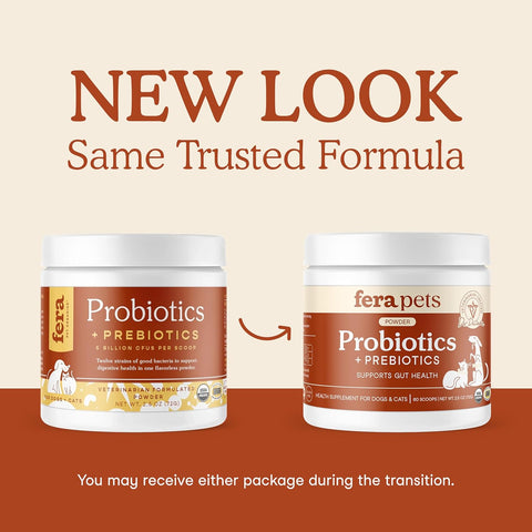 Fera Pets Probiotics for Dogs & Cats with Prebiotics - USDA Organic - Gut Health Powder Supplement with 12 Strains and 5 Billion CFUs - Supports Immunity, Energy and Skin & Coat - 60 Scoops
